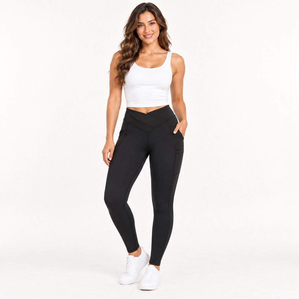 Halara Cross Front Leggings Womens Small Black High Rise with Pockets NWOT